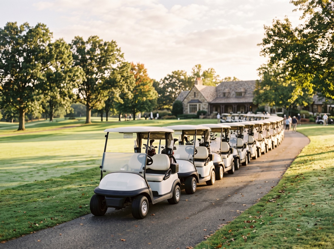 Golf carts lined up along a cart path before a tournament shotgun start