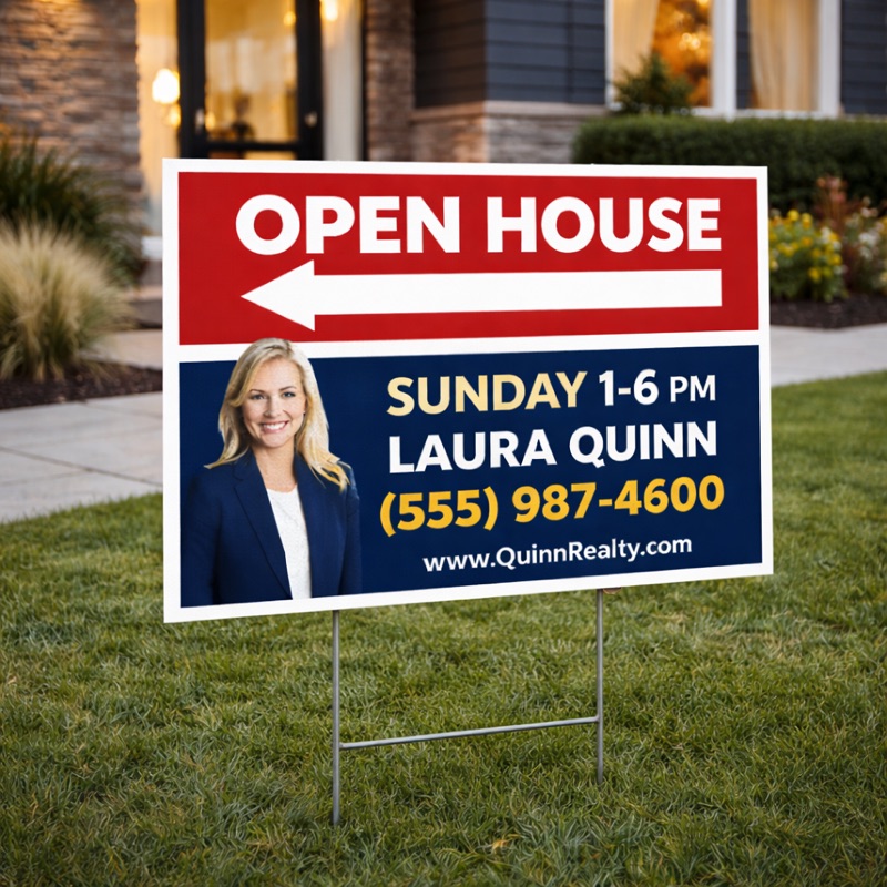 Real estate open house yard sign in a lawn